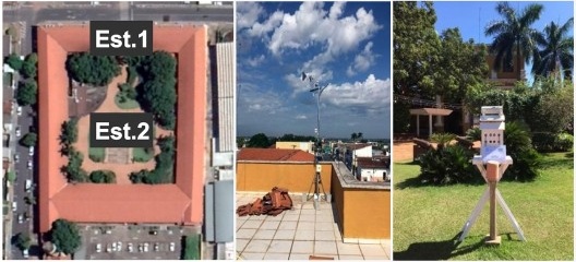 Posicionamento das estações, Estação 01 — instalada no telhado e Estação 02 — instalada no interior do pátio