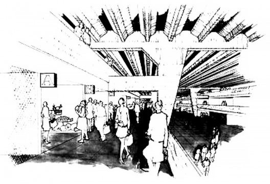 Concurso Nacional para o Mercado Público de Porto Alegre, projeto premiado, perspectiva, 1967, arquitetos Adilson Macedo, José Magalhães Jr. e Massimo Fiocchi