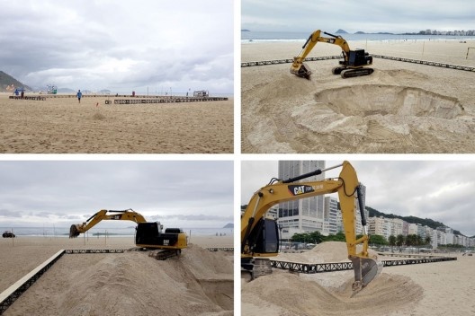 A praia e o tempo, praia de Copacabana, Rio de Janeiro RJ Brasil, 2018. Construção: posicionamento de estrutura e movimentação de areia. Arquiteto Pedro Varella / Gru.a Arquitetos