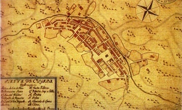 Planta de Cuiabá, possivelmente atribuída a Gronsfeld, 1770. Original manuscrito está no Arquivo Histórico do Exército, no Rio de Janeiro