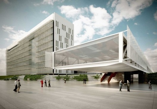 Concurso Sistema Fecomércio‐RS, perspectiva frontal do Centro de Convivência e Centro Administrativo. V.A. Arquitetura / Emerson Vidigal, 1º lugar, 2011