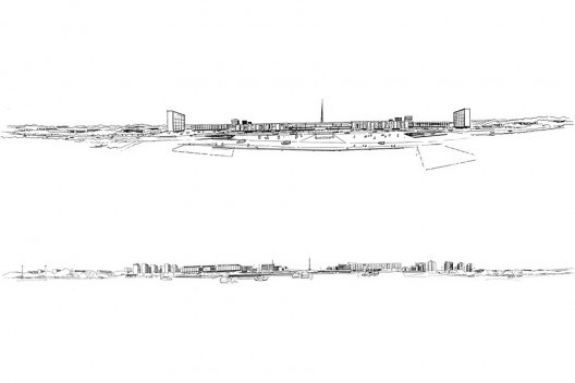 Acima, o Centro idealizado por Lúcio Costa; abaixo, o Centro implantado. Desenhos de Eliel Americo