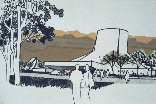 Teatro de Ópera de Campinas. Perspectiva artística com o Teatro de Ópera em primeiro plano