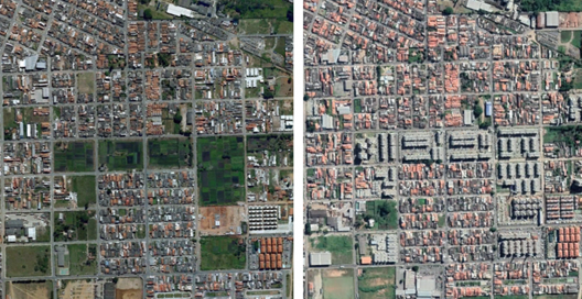 Duas imagens mostrando a alteração do uso do solo. A primeira imagem é de 2006 e nota-se a quantidade de chácaras do bairro Vila Urupês, próxima do centro. O mesmo local em 2019, substituído por edifícios residenciais, a maioria construída pelo programa M