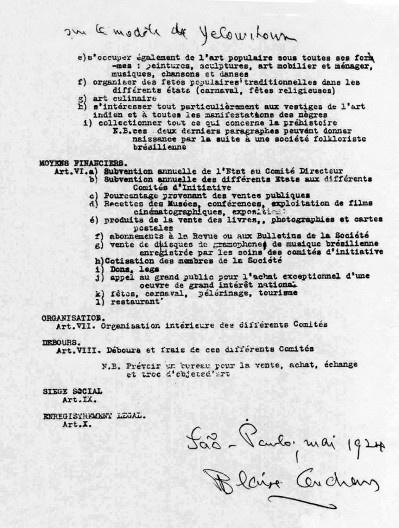 Três páginas com datiloscrito de Blaise Cendrars, com os estatutos de uma “Sociedade dos Amigos dos Monumentos Históricos do Brasil”, encomenda de dona Olívia Guedes Penteado