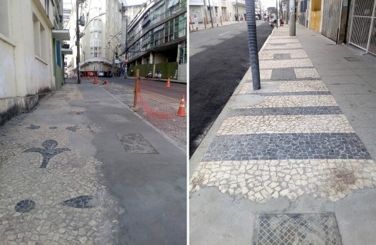Calçadas de pedra portuguesa, consertadas com cimento, na rua Chile, circuito Batatinha (Centro Histórico)