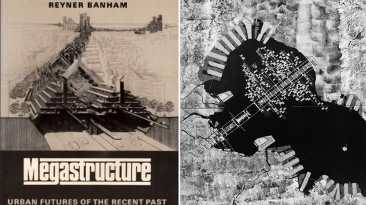 Capa do livro Megastructure: Urban future of the recente past e imagem do projeto de Kenzo Tange para a expansão da Baía de Tóquio, 1960, publicada no livro