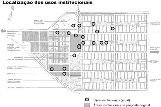 Fig. 11 – Distribuição atual dos usos institucionais em comparação com a proposta original (em cinza)