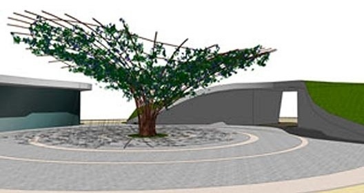 A Praça da Tumbérgia apresenta como elemento focal uma árvore de aço. Marco gerador de agradável espaço de permanência