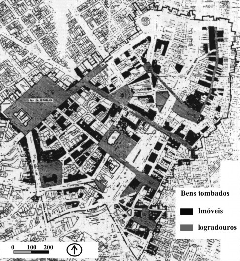 Resolução 37/1992. Vale do Anhangabaú: 293 imóveis tombados (níveis P1, P2 e P3), 9 logradouros públicos e 258 imóveis em nível P4 (considerados “espaço envoltório” com preservação da volumetria e gabarito)