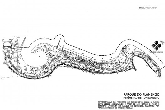 Parque do Flamengo - Perímetro do tombamento. Representação do perímetro de tombamento sobre a planta geral (1965), assinalando a faixa de 100 metros em toda a extensão litorânea do Parque do Flamengo, margeado por praias artificiais e pedras