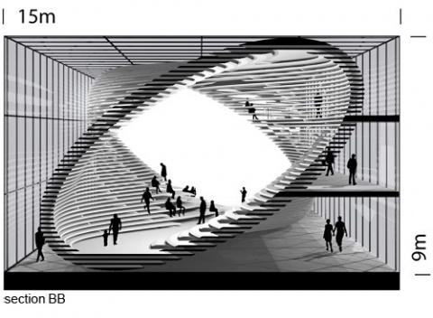 Adaptable Architecture Gallery on the Thames River Urban Competition – London 2008, corte transversal 2, menção honrosa. Arquitetos Victor Paixão, Miguel Felipe Muralha, Paula Sertório, Thiago Florez, André Mack, Bruno Castro