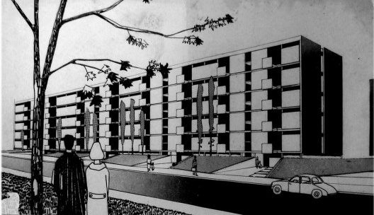 Perspectiva do bloco J de autoria dos arquitetos J. Montero/ J. Seguí/F. Vayreda, 1959. Observar o tratamento neoplástico dado à fachada