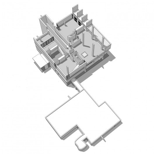 Casa Shodhan, vista axonométrica do segundo pavimento, Ahmedabad, Gujarat, Índia, 1951-56. Arquiteto Le Corbusier