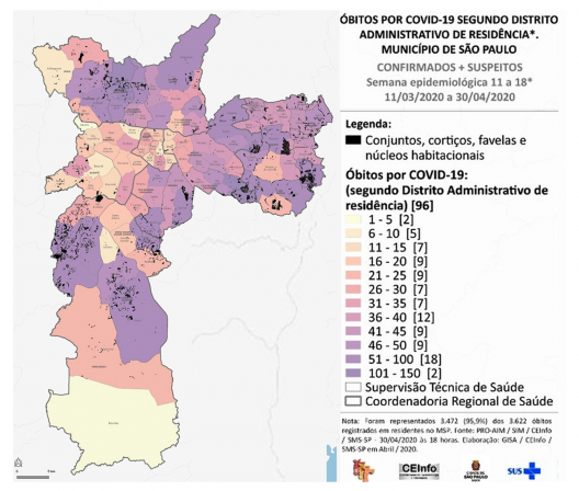 Mapa representativo no número de mortes em favelas e conjuntos habitacionais na cidade de São Paulo