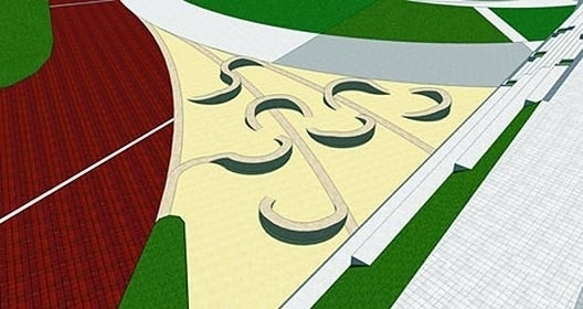 Bancos serpenteantes formam um espaço dinâmico de descanso e lazer, fazendo uma alusão aos troncos do cajueiro de Pirangi