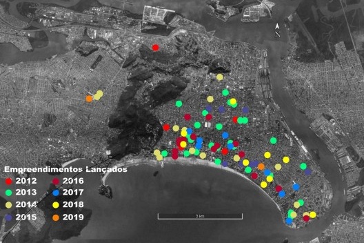 Localização de empreendimentos imobiliários residenciais lançados entre 2012 e junho de 2019, Santos SP