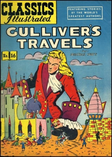 Capa do livro Gulliver’s Travels (As viagens de Gulliver), reprodução da Classic Comics n. 16, dez. 1943. Capa e ilustração de Lilian Chesney