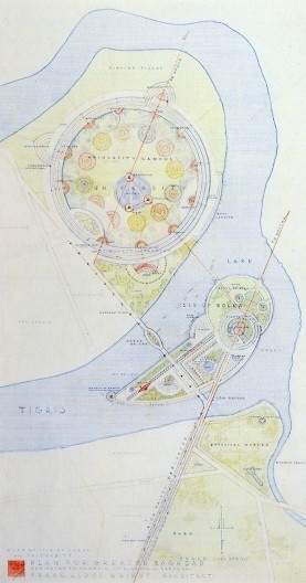 Implantação do Plano para a Grande Bagdá, na qual aparecem a Universidade circular, a Ilha de Edena e seus limites e bordas antrópicos