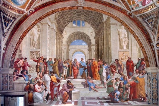 Escola de Atenas (“Scuola di Atene”), Rafael Sanzio, 1509-1511, afresco, 500×700, Palácio Apostólico, Vaticano