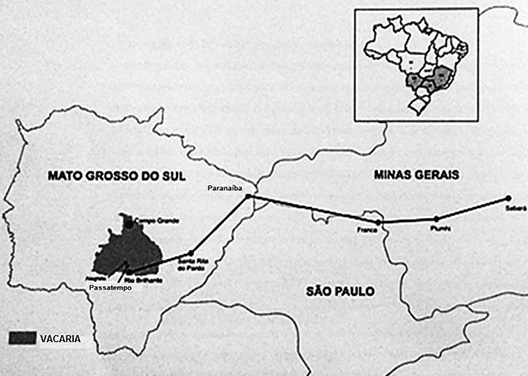 Trajeto percorrido pela família Barbosa até chegar ao município de Rio Brilhante, Mato Grosso do Sul e suas fazendas de posse, Passatempo e Alegrete