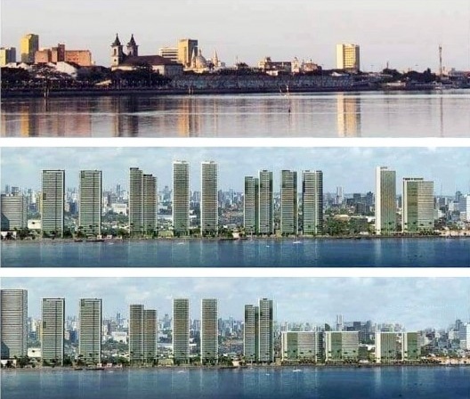 Perfil da orla de Recife e as simulações do projeto Novo Recife e a proposta da prefeitura da cidade