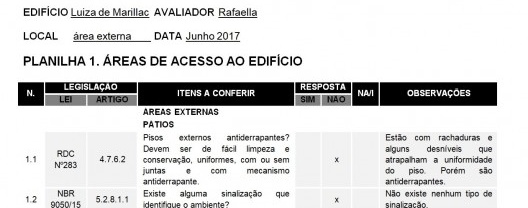 Layout da planilha de avaliação