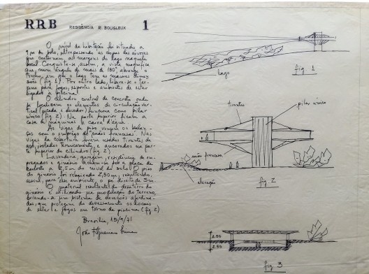Residência R. Bougleux, anteprojeto, partido e memorial descritivo (prancha 1), Brasília DF, 1971. Arquiteto João Filgueiras Lima