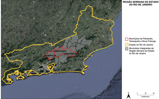 Mapa da região Serrana do Rio de Janeiro com destaque para as Petrópolis, Teresópolis e Nova Friburgo