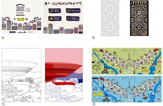 Referências Usadas pelo Pé em Casa. A - Jogos Patrimoniais Equipe B; B - Museu Alhambra para colorir; C - Arquitetura para Colorir de Carmelina e Aurélio; D -Ilustrações de Anna Mendes