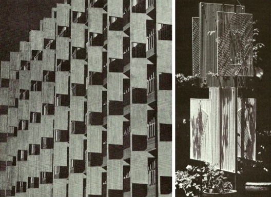 Faculdade de Arquitetura e Urbanismo (1954-1956), fachada norte. Carlos Raúl Villanueva; Construção em metal, Jesús Soto, 1956