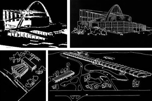 Palácio do Sovietes, Le Corbusier, 1931; Auditório da Universidade do Brasil, Lúcio Costa e equipe, 1936; Teatro Municipal de Belo Horizonte, Oscar Niemeyer, 1943; Fábrica Dunchen, Oscar Niemeyer, 1951