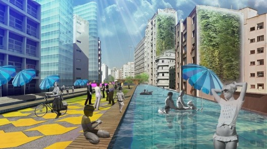 Projeto de criação do Parque Minhocão, piscinas e deques fariam parte do projeto