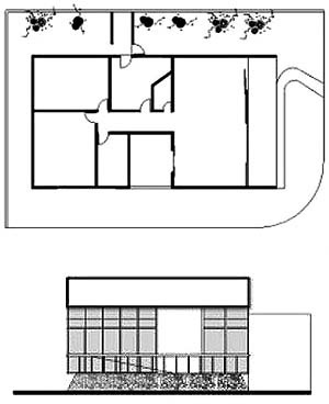 Residência Dorival Barcelar, planta e vista frontal