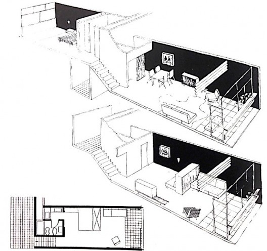 Hotel Quitandinha; acima, isométrica do semi-duplex; abaixo, a planta e isométrica do apartamento inferior, de apenas um andar