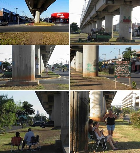 Vistas do término da ciclovia e pista de caminhada, ocupação da área sob os trilhos e comércio informal e propaganda local, Novo Hamburgo RS