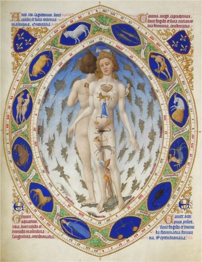 Irmãos Limbourg, Homem zodiacal (1415 ca.). Iluminura (cores de base umedecidas com água, engrossadas com goma arábica ou goma de tragacanto), 29 × 21 cm. Chantilly, Musée Condé: Bibliothèque du Château, ms. 65: Les très riches heures du duc de Berry, f.