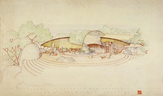 Frank Lloyd Wright, Casa Raul Bailleres, projeto não construído, Acapulco, México, 1952. Exposição “Frank Loyd Wright at 150: Unpacking the archive”, curadoria de Barry Bergdoll, MoMA Nova York