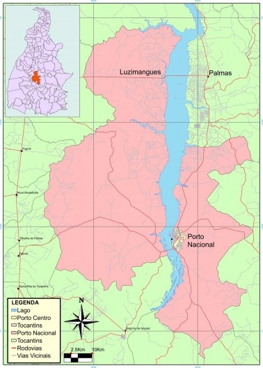 Limites do município de Porto Nacional, com a localização da sede do município, do Distrito de Luzimangues e da área urbana de Palmas
