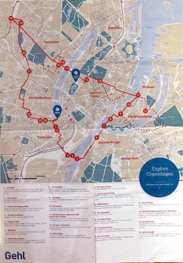 Mapa do percurso Urban Safari em bicicleta e pontos visitados na aula de campo coordenada por Jeff Rison e Andreas Rohl