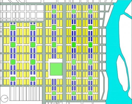 Plano esquemático do distrito histórico de Savannah. Em destaque, os quatro Wards construídos por Oglethorpe. A praça maior é o cemitério da cidade