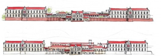 Elevação frontal do conjunto que o projeto de Hospital de Retaguarda e Reabilitação Física irá ocupar. O primeiro é a proposta em si, enquanto o de baixo é representa a situação atual