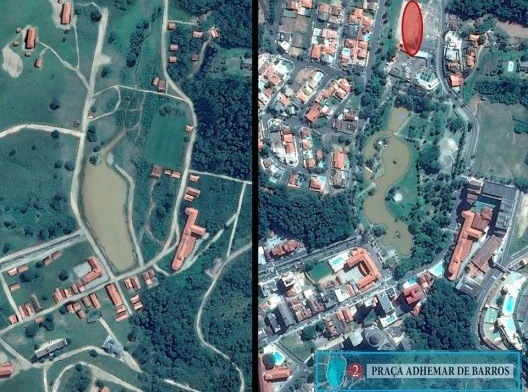 Imagem aérea aproximada para comparação da Praça Adhemar de Barros em meados de 1950 à esquerda e no período atual à direita. Edição realizada pelos autores