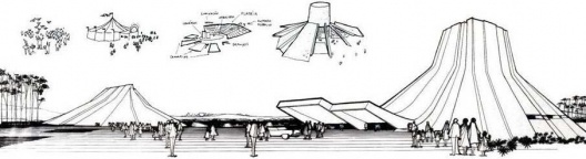 Teatro de Ópera de Campinas (1966). Com Aldo Calvo, Alfedo Paesani e Teru Tamaki. Desenhos explicativos do partido e perspectiva geral do conjunto
