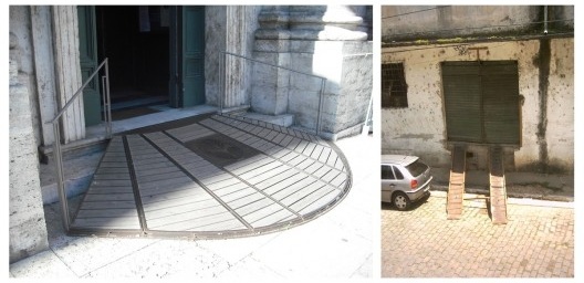 Fig. 13 – Rampas. A primeira na Igreja de San Giovanni dei Fiorentini, em Roma, Itália, 2011. Apesar de ter um desenho mais cuidadoso, a segunda, feita com recursos mais limitados, resolve problema mais grave.