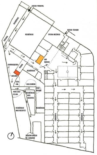 Planta do térreo com as principais atividades e lugares observados no condomínio popular Monte Castelo na segunda fase da pesquisa