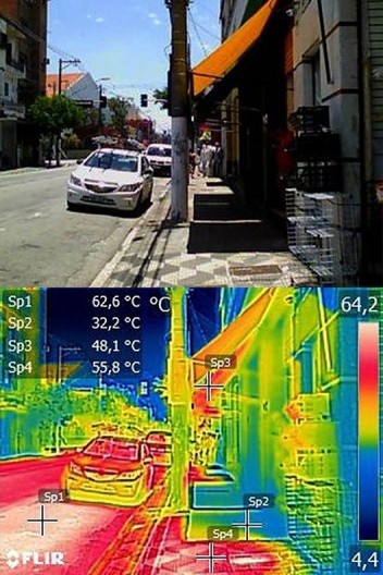 Rua São Caetano, altura do número 537. Bairro da Luz, dia ensolarado, 09 jan. 2019, às 13h44min. temperatura do ar na cidade 34 Cº