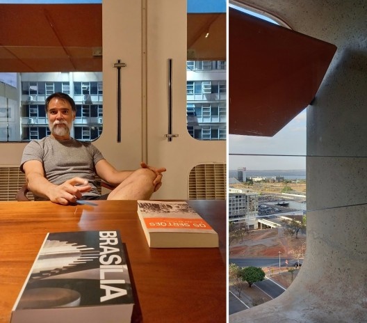 Daniel Mangabeira e a vista da janela do escritório do Bloco Arquitetos