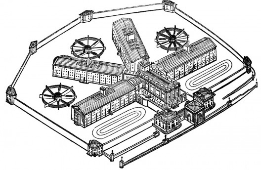 Perspectiva aérea, publicada por Joshua Jebb, da prisão de Pentonville