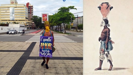 Fotomontagem da relação entre o figurino de tigre e o quadro de Jean Baptiste Debret, Máscara que se usa nos negros, realizado entre 1820–1830, que representa os escravizados tigres
